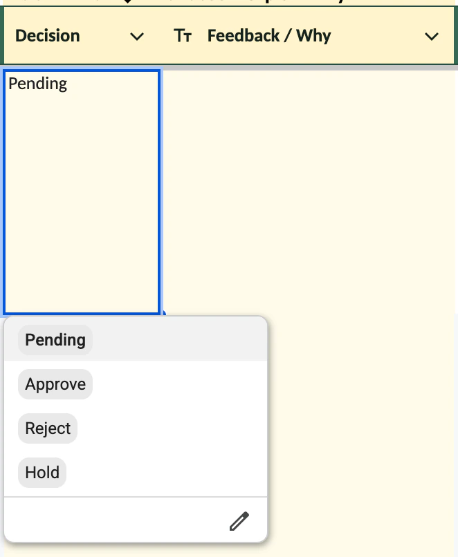 Decision dropdown in the Update Queue with the options Pending, Approve, Reject and Hold
