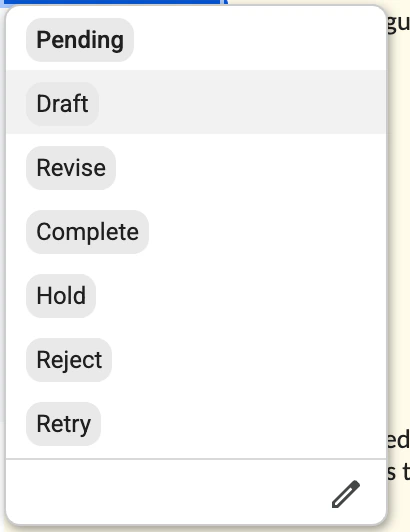 Next Action dropdown in Approved Content with the options Pending, Draft, Revise, Complete, Hold, Reject and Retry
