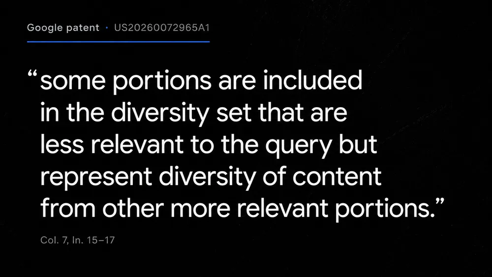 Google patent US20260072965A1: some portions included in the diversity set are less relevant to the query but represent diversity of content from other more relevant portions