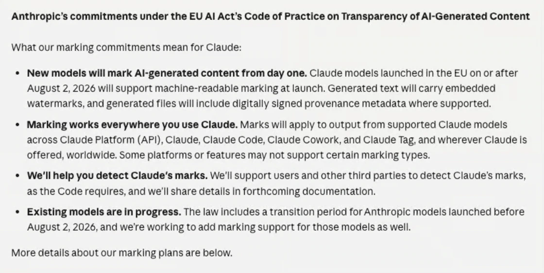 Anthropic’s commitments under the EU AI Act’s Code of Practice on transparency of AI-generated content