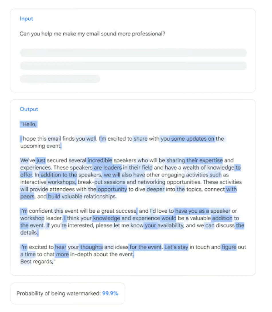 Google SynthID-Text watermark detection: a Gemini output flagged with a 99.9% probability of being watermarked