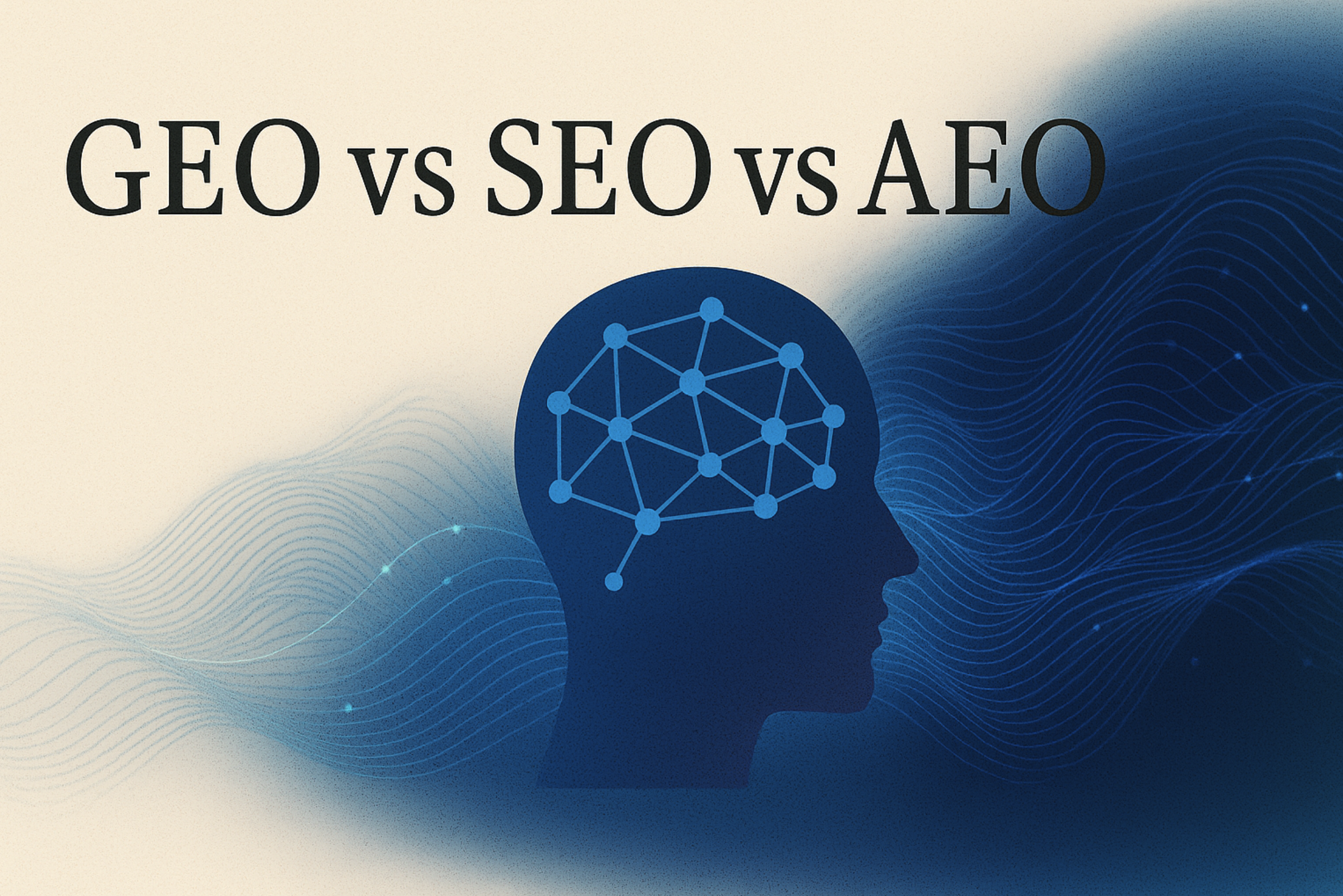 GEO vs SEO vs AEO with human head and tech texture