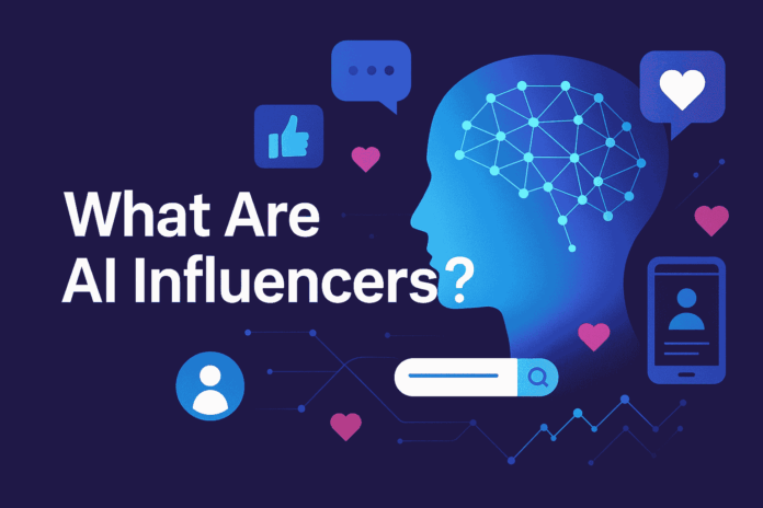What Are AI Influencers? on a dark banner with icons