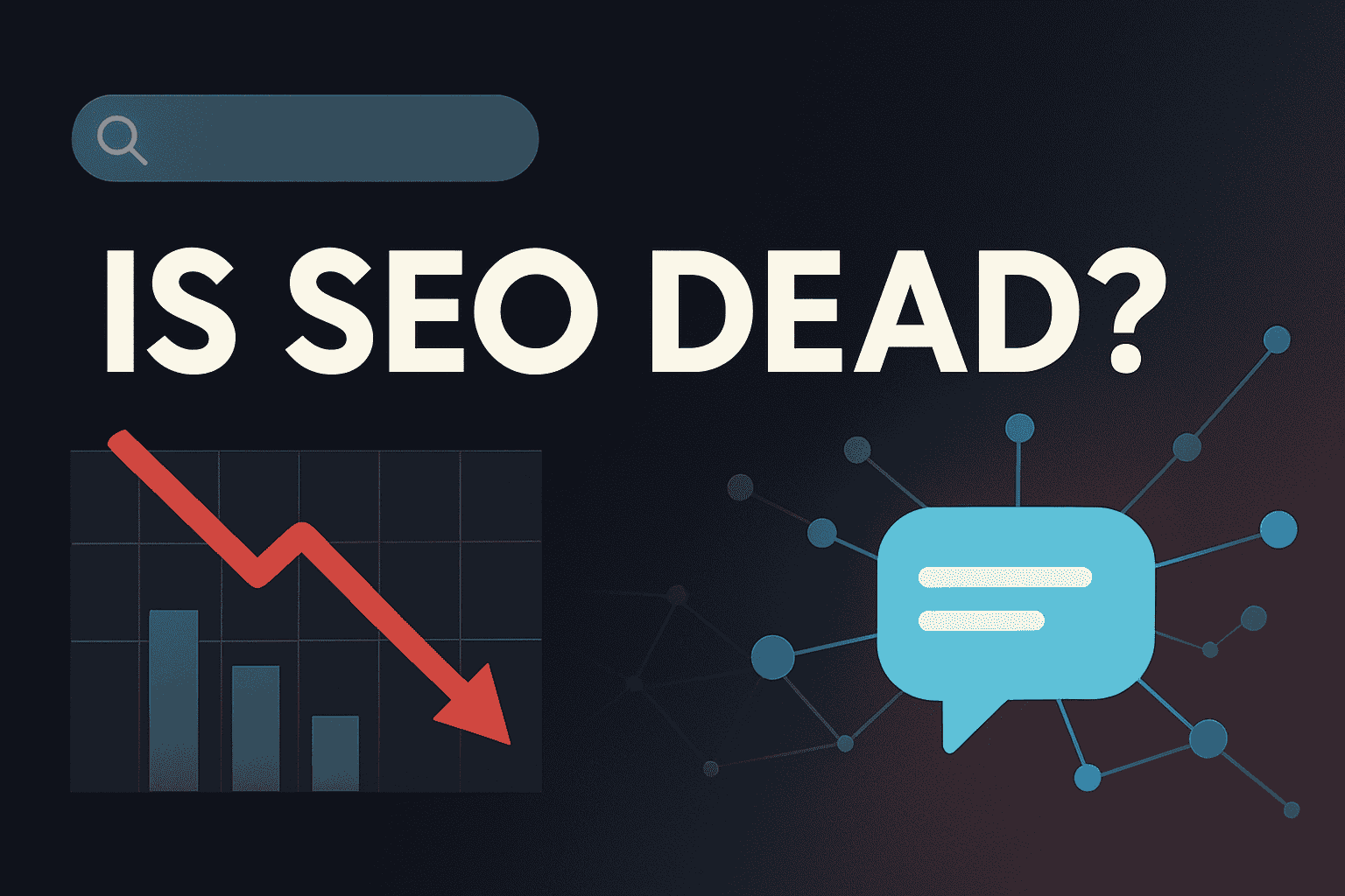 Dark banner with downward chart and is SEO dead